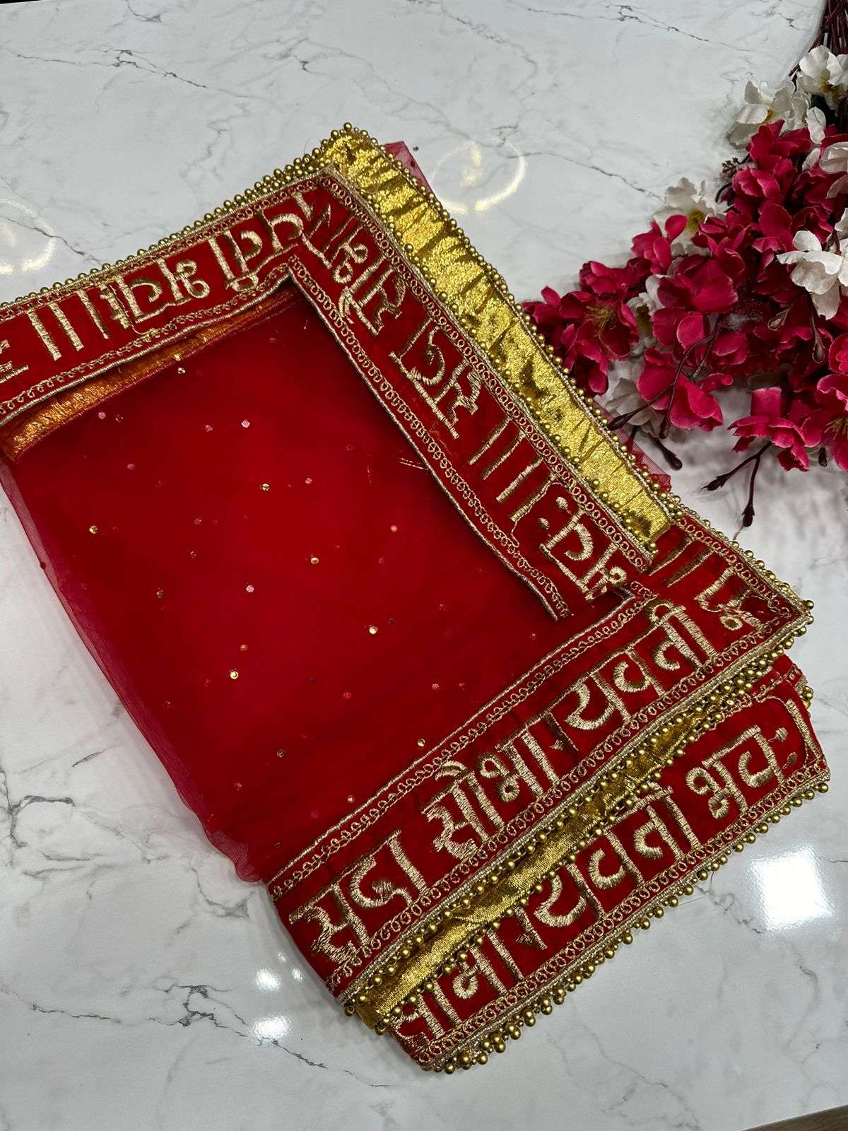 Bridal special Sobhagyavati Bhav Shlok Velvet Border Net fabrics Red color designer Dupatta collection (5)